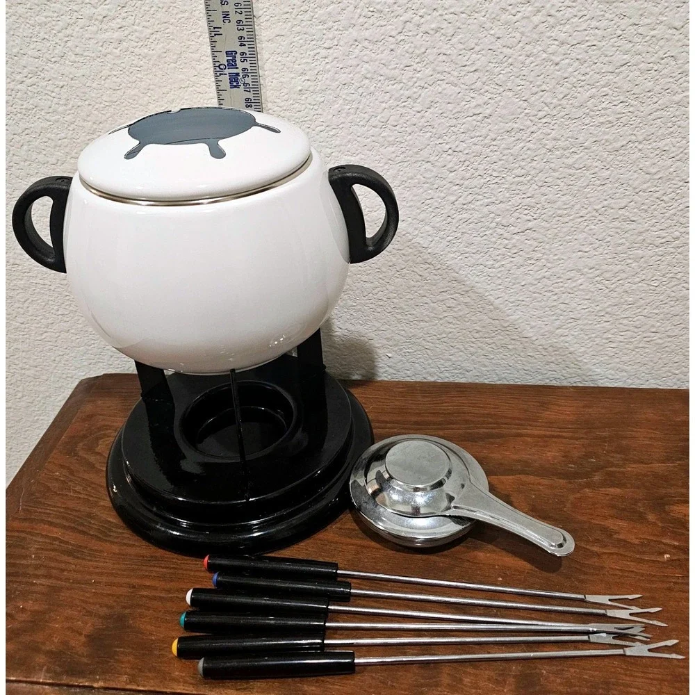 Vintage Roshco Enamel 10 Piece Fondue Set White Black Mid Century Retro Kitchen